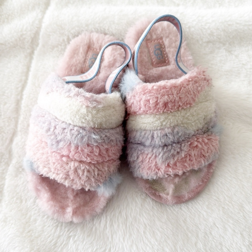 Ugg girls Fluff Yeah Slide Cali Collage rainbow slippers size 11